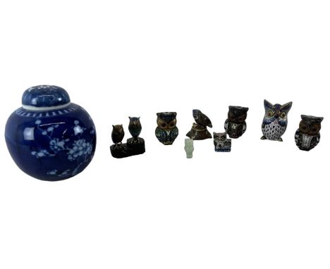 A Chinese blue and white lidded ginger jar, bearing double ring mark to base, a set of eight cloisonné enamel owls and a furt