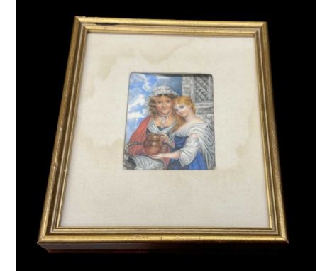 X A 19th century well executed portrait miniature on ivory depicting two females holding a basket and jug, 8.8 x 6.5cm, CITES