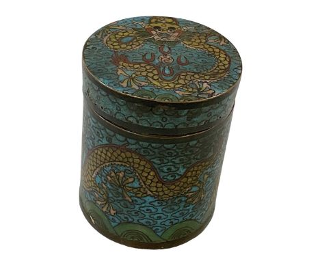 A late 19th century Chinese cloisonné enamel lidded pot with yellow dragon decoration to the exterior, height 8cm, diameter 6