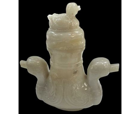 A Chinese jadeite twin handled lidded vase with carved figural duck decoration to either side and duck decoration to the lid 