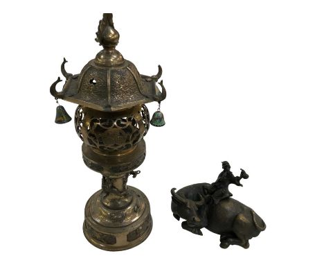 A Chinese gilt metal censer, with cloisonné enamel hanging bells (two lacking), height 46cm, and a Chinese bronzed metal figu