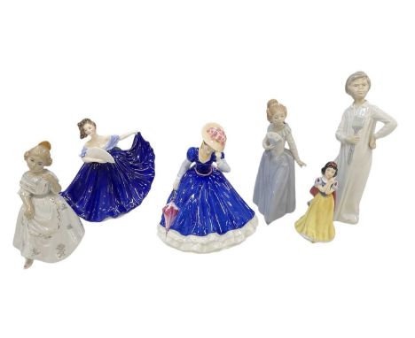 ROYAL DOULTON; a ceramic figure 'Mary' HN3375, 'Elaine' HN2791, and 'Snow White', also two Nao figures and another ceramic fi