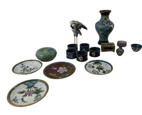 A group of Chinese cloisonné enamel items, including six napkin rings, miniature vase, cloisonné enamel bird, lidded pot, sma