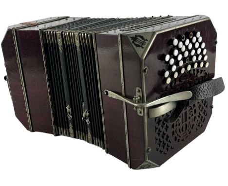 A late 19th/early 20th century bandoneon concertina, rosewood with mother of pearl mounted keys, cased.Condition Report: Some