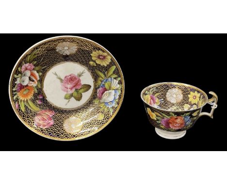 SPODE; a porcelain teacup and saucer decorated in the '1166' pattern, diameter of saucer 14cm, height of teacup 6.5cm, diamet