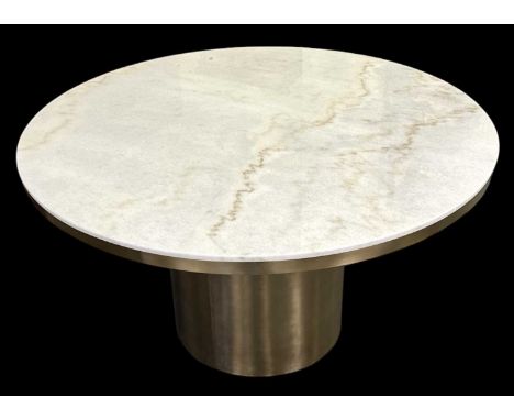 A modern white marble topped gilt metal mounted circular dining table on gilt metal drum base, diameter 140cm.