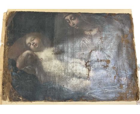 A probably 18th century oil on canvas, mother praying by child's side, in need of complete restoration, 70 x 100cm.Condition 