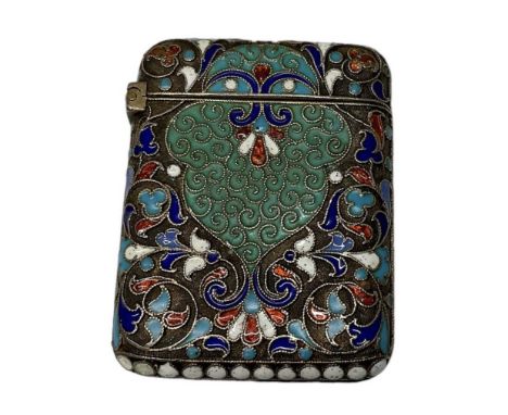 A Russian cloisonné enamel yellow metal vesta case with hinged lid, 4 x 3.5cm, approx 1.2ozt/37.8g.