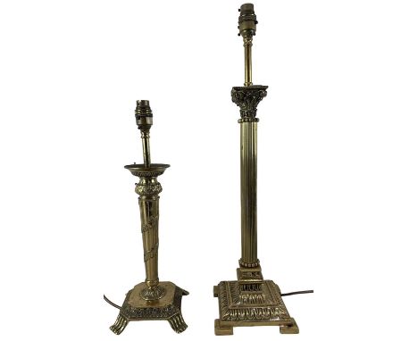 A brass Corinthian column table lamp, height to top of fitment 58cm, and a smaller brass table lamp, height to top of fitment