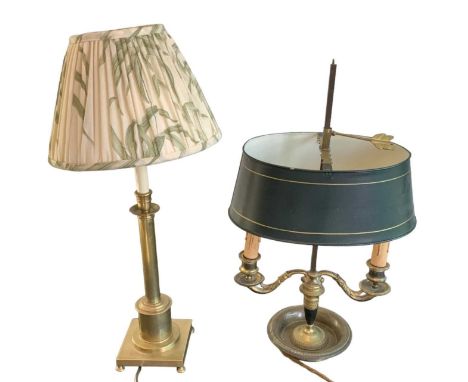 A brass extendable table lamp, height to top of fitment 31cm, and a brass two branch table lamp, height to top 51cm.