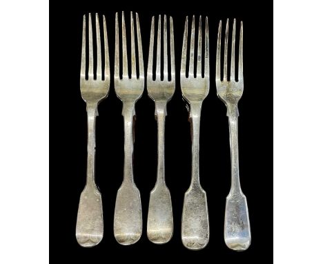 WILLIAM ROBERT SMILY; a set of three Victorian hallmarked silver forks, hallmarked for 1844, a George IV hallmarked silver fo