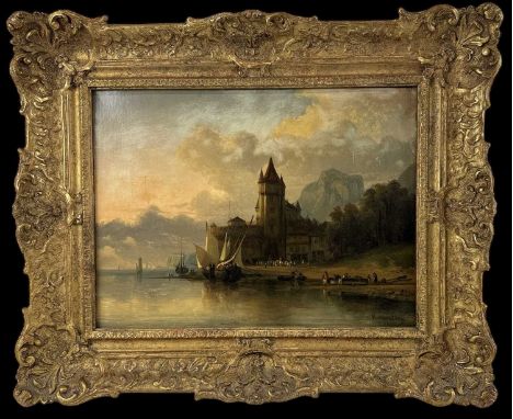 CHARLES EUPHRASIE KUWASSEG (1833-1904); oil on canvas, Dutch lake scene, boats on a lake with castle in the background, signe