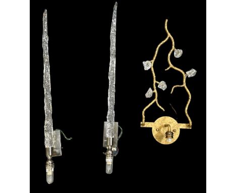 PORTA ROMANA; a pair of cut glass icicle effect wall lights, height 70cm, and a Porta Romana brass tree effect single branch 