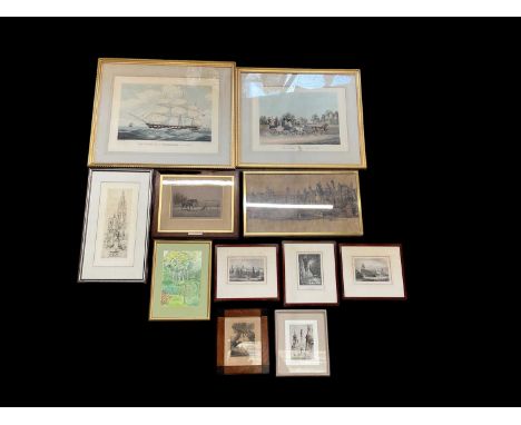A group of eleven decorative pictures and prints including a watercolour by M Honour, three 19th century prints of Germany, a