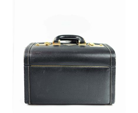 PRADA VANITY TRAVEL CASE. Saffiano leather, removable insert and mirror, bronze tone hardware, 35cm x 22cm x 21cm H.
