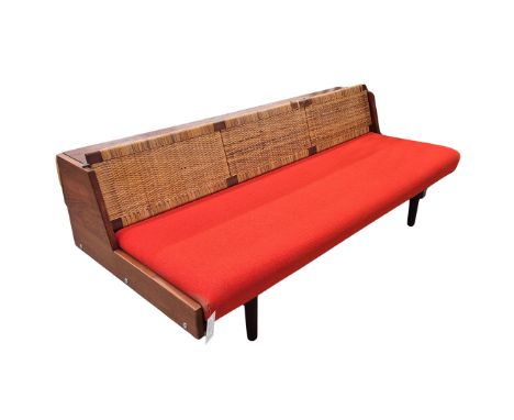 DANISH 1950s HANS J. WEGNER FOR GETAMA GE-258 TEAK AND CANE DAYBED. With red upholsteryExtending mechanism to use as a bed68c