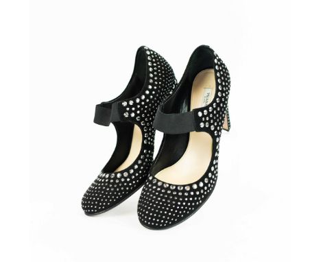 PRADA MARY JANE SHOES. Black Mary Jane Pumps with Studs, with a block heel in black, black elastic band, marked as European s