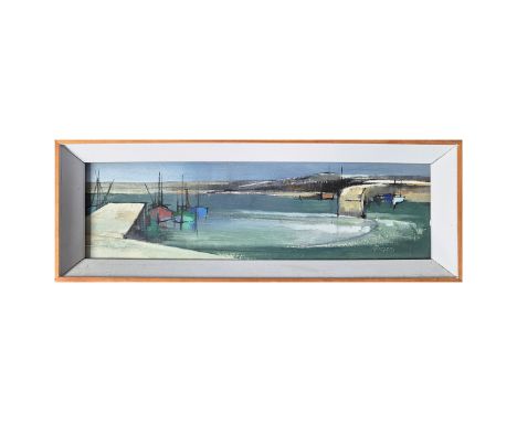 MICHAEL J PRAED (B.1941). NEWLYN COLOURS. oil on board, 19cm x 53cm, framed.