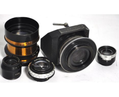 An early 20th century Aldis brass mounted plate camera lens, an interesting Cooke process camera lens with 45° prism attachme