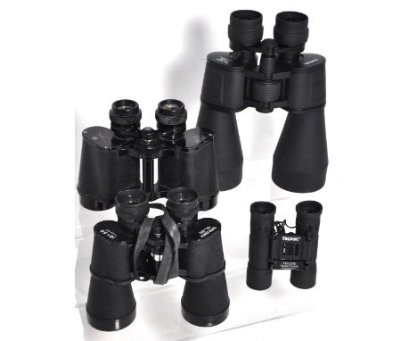A pair of Skyline 8x40 binoculars, a pair of Super Zenith 10x50 binoculars in case, a pair of Auriol 10-30x60 zoom binoculars