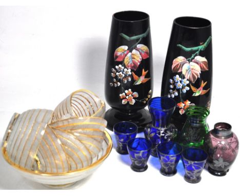 A small quantity of glassware to include a pair of 20th century black glass vases with hand painted floral and bird decoratio