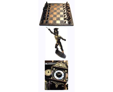 A mixed collectors lot to include a vintage case, two small 20th century wall mirrors, a modern wall clock, resin chess set a