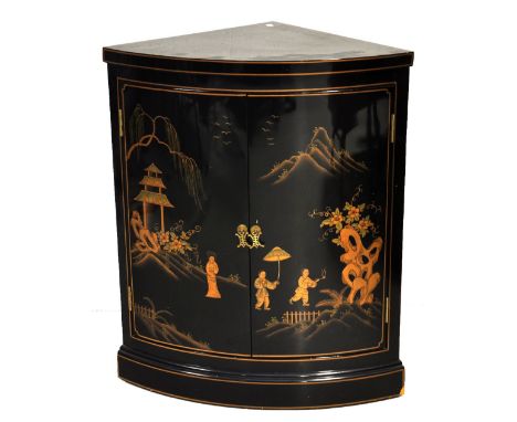 A reproduction lacquered Oriental style corner cabinet with brackets for central internal shelf (lacking shelf), height 87cm.