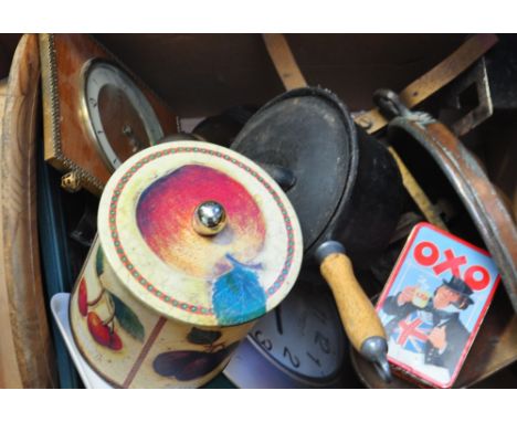 A quantity of vintage kitchenalia to include an early 20th century W & T Avery Ltd scales, a copper egg poacher and a black l