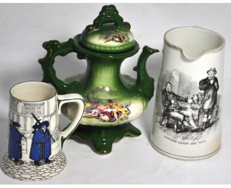 A Victorian measuring jug bearing a transfer printed pictorial scene of two gentlemen and inscribed "Another Quart and Then",