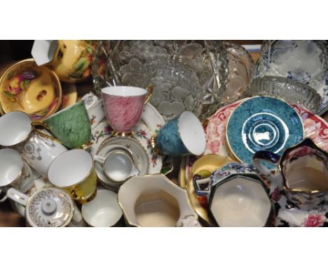 A quantity of ceramics and glassware comprising Royal Albert teaware, Aynsley "Orchard Gold" pattern teaware and Mason's iron