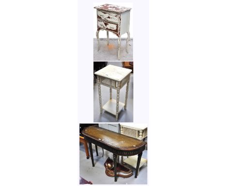 A French style painted side cabinet on cabriole legs, a painted two tier hall stand, a Regency style painted demi-lune table 