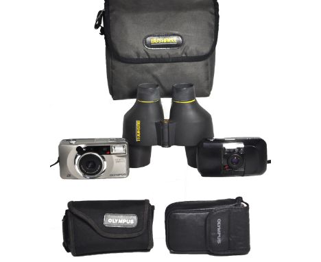 A pair of Bushnell 7 x 35 binoculars in soft pouch case, an Olympus Mju compact camera in pouch case (af), a further Olympus 