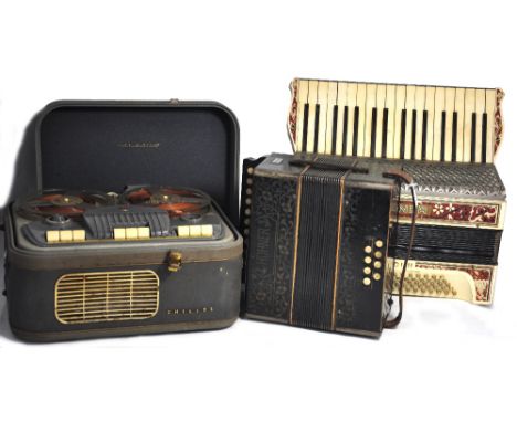 A Hohner Verdi II piano accordion and a further smaller Hohner black accordion, the largest is approx 50cm, also a cased Phil