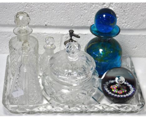 A cut glass dressing table tray with various cut glass dressing table bottles and a cut glass perfume bottle with a hallmarke