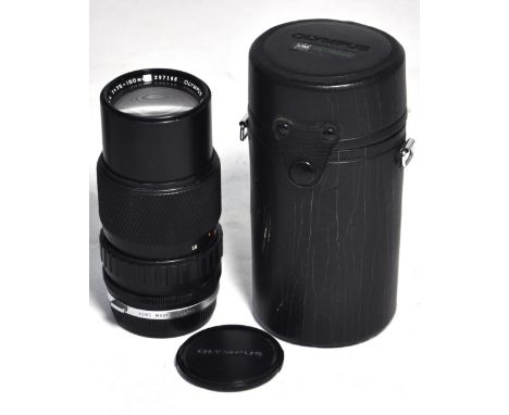 An Olympus Zuiko 75-150mm zoom lens with hard carrying case.