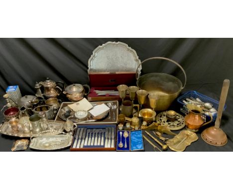 Plated ware - Brass jam pan, Victorian tea pot stand, plated tea set, trays, mother of pearl flatware; etc 