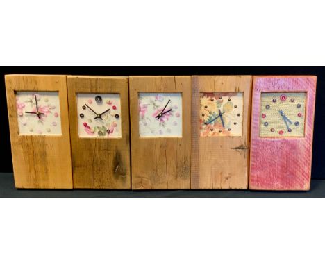 A rustic Designate oak and fabric wall clock,, plank body,  others similar (5) 