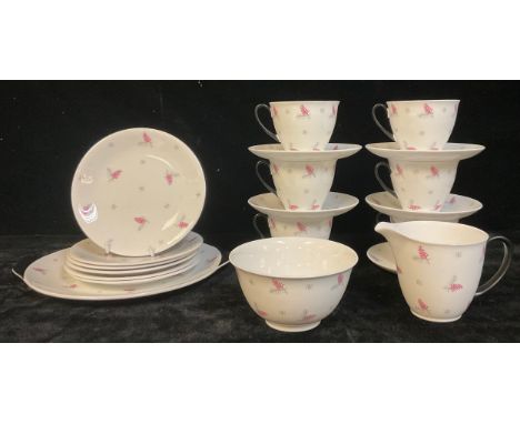 A Shelley Pink Fern tea service for six comprising cake plate, side plates, cream jug, sugar bowl, cups and saucers 