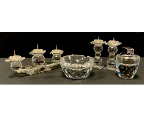 Swarovski Crystal - triple pillar candle stand. others single candlesticks, table lighter, ashtray/bowl, all boxed (5), 