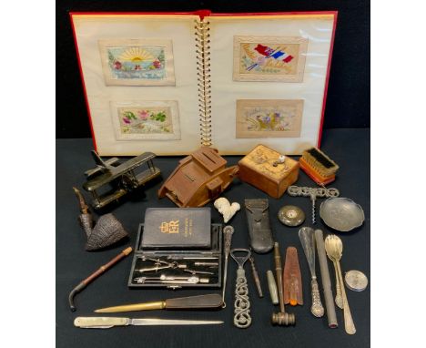A novelty treen money bank as a World War I tank;  Harcourt pipe, silver hafted shoe horn, button hook etc;  compasses;  worl