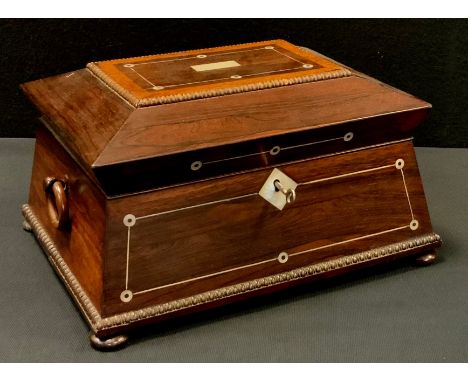 A Victorian rosewood sarcophagus tea caddy, shaped body, with mother of pearl and wirework inlay, drop loop handles,  the hin