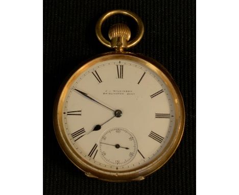 A late Victorian 18ct gold open face pocket watch, J Wilkinson, Bridlington Key, white enamel dial, Roman numerals, minute tr