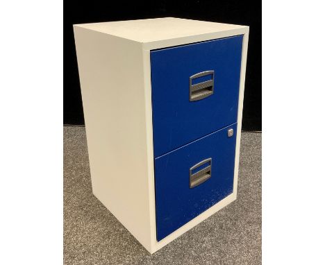 A two drawer metal filing cabinet, light grey anodised finish, with blue drawers, 67cm high x 41cm wide x 40cm. 