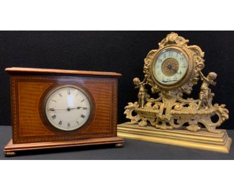 An Edwardian inlaid mahogany mantel clock, cream dial, Roman numerals;  a French brass shelf clock, cast Cherub and foliate s