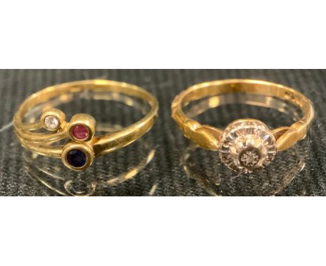 A ruby, sapphire and diamond ring, yellow metal shank, stamped 333, 1.3g gross;  a diamond ring, 9ct gold shank, 2.6g gross (