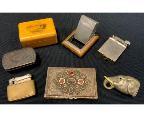 A Colibri Monopol brass pocket lighter; another The Aintree;  snuff box, novelty Elephant head vesta case etc (7) 