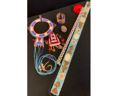 Tribal Art - a Zulu dance staff, Masai Chocker, Bangle, Tibetan sash, turkana phalloscript  etc (6) 