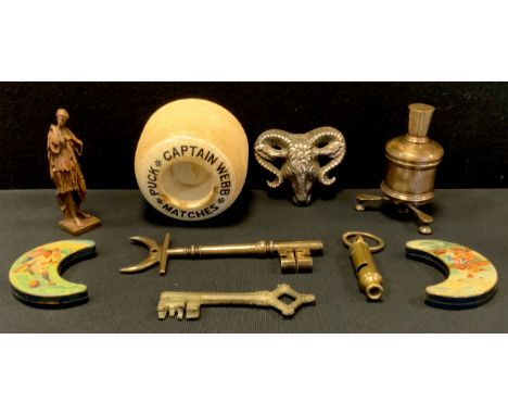 A Captain Webb Puck Matches advertising match striker;  pepper grinder;  pair of advertising tins, Lackerli-Hauus;  Police Wh