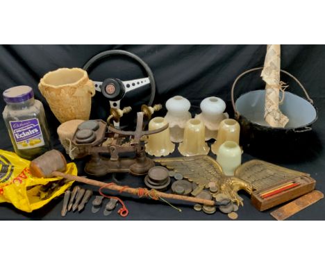 Boxes and Objects - Reclaimed MG stirring wheel,  enamel black bucket, middle eastern pipe, various light shades, stair clips