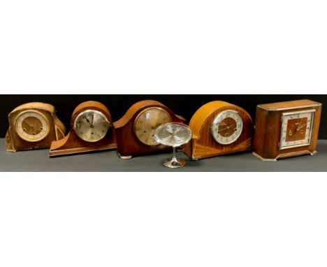 A 20th century walnut mantel clock,  others oak,  mahogany;  a rhythm alarm clock (6) 